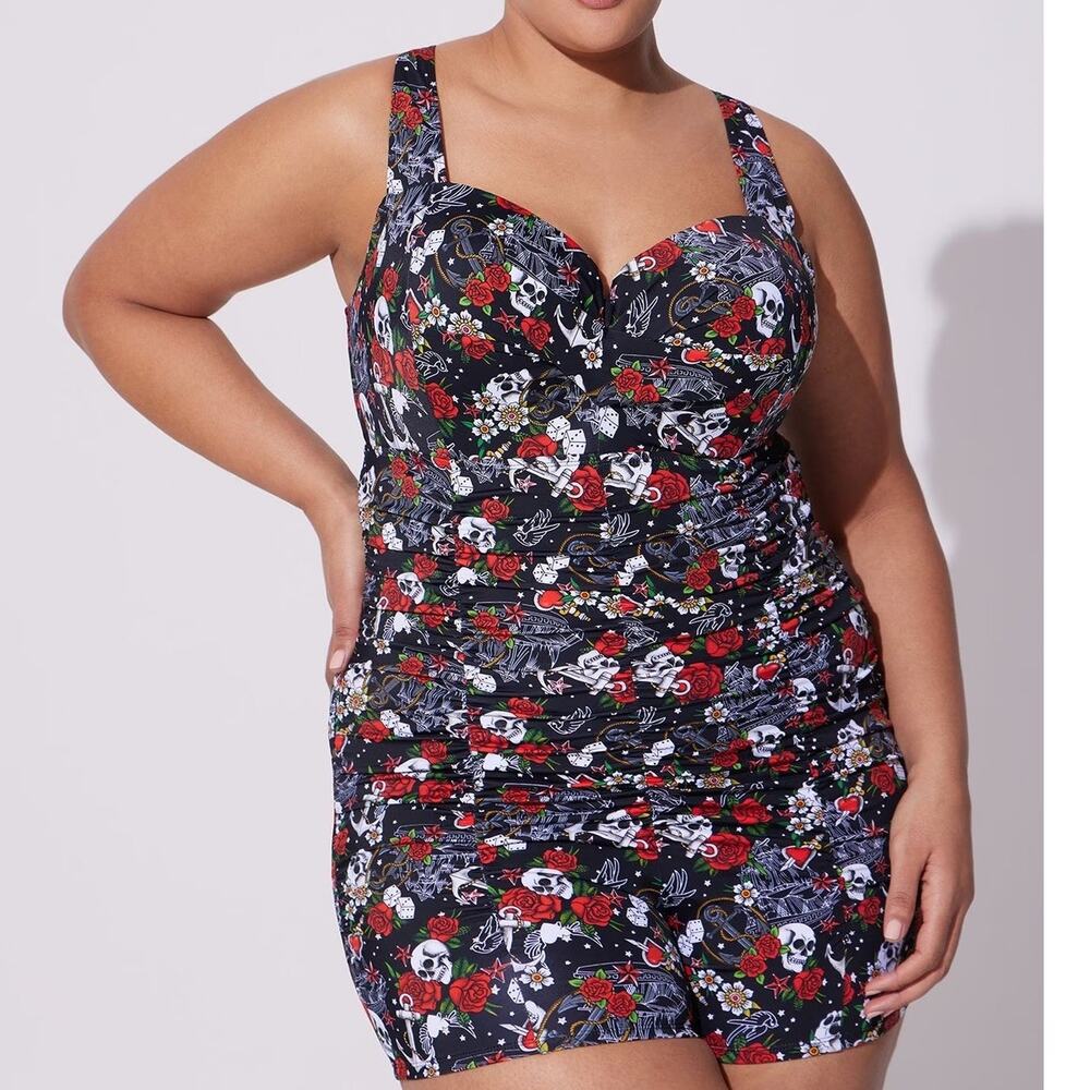 Torrid Size 5 Bra Cup DD/F One Piece Tattoo Underwire Romper Pin Up Swimsuit New